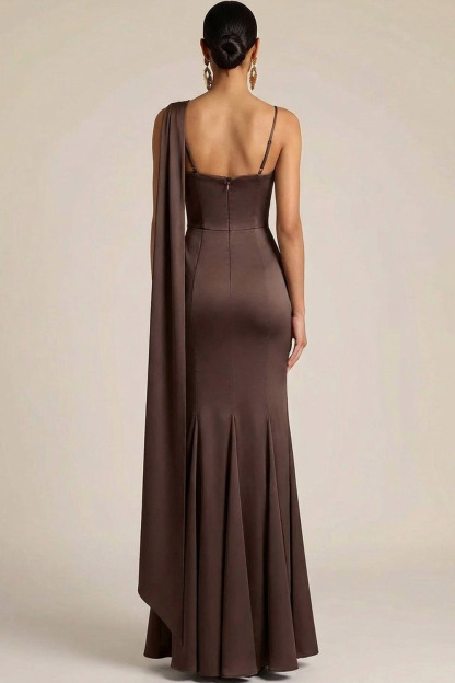 Chocolates Formal Dress Mermaid Spaghetti Straps Satin Maxi Dress with Cape