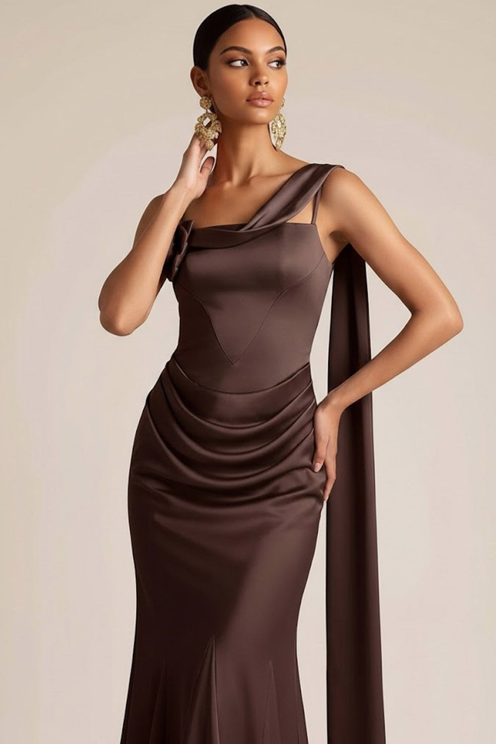 Chocolates Formal Dress Mermaid Spaghetti Straps Satin Maxi Dress with Cape