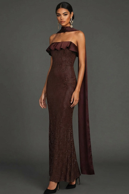 Chocolates Formal Evening Dress Strapless Ruffle Maxi Dress with Scarf