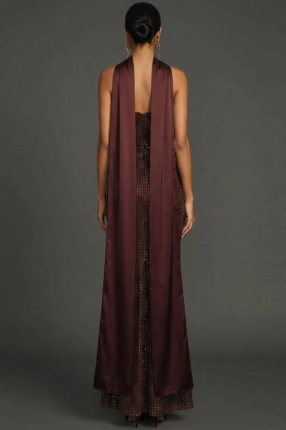 Chocolates Formal Evening Dress Strapless Ruffle Maxi Dress with Scarf