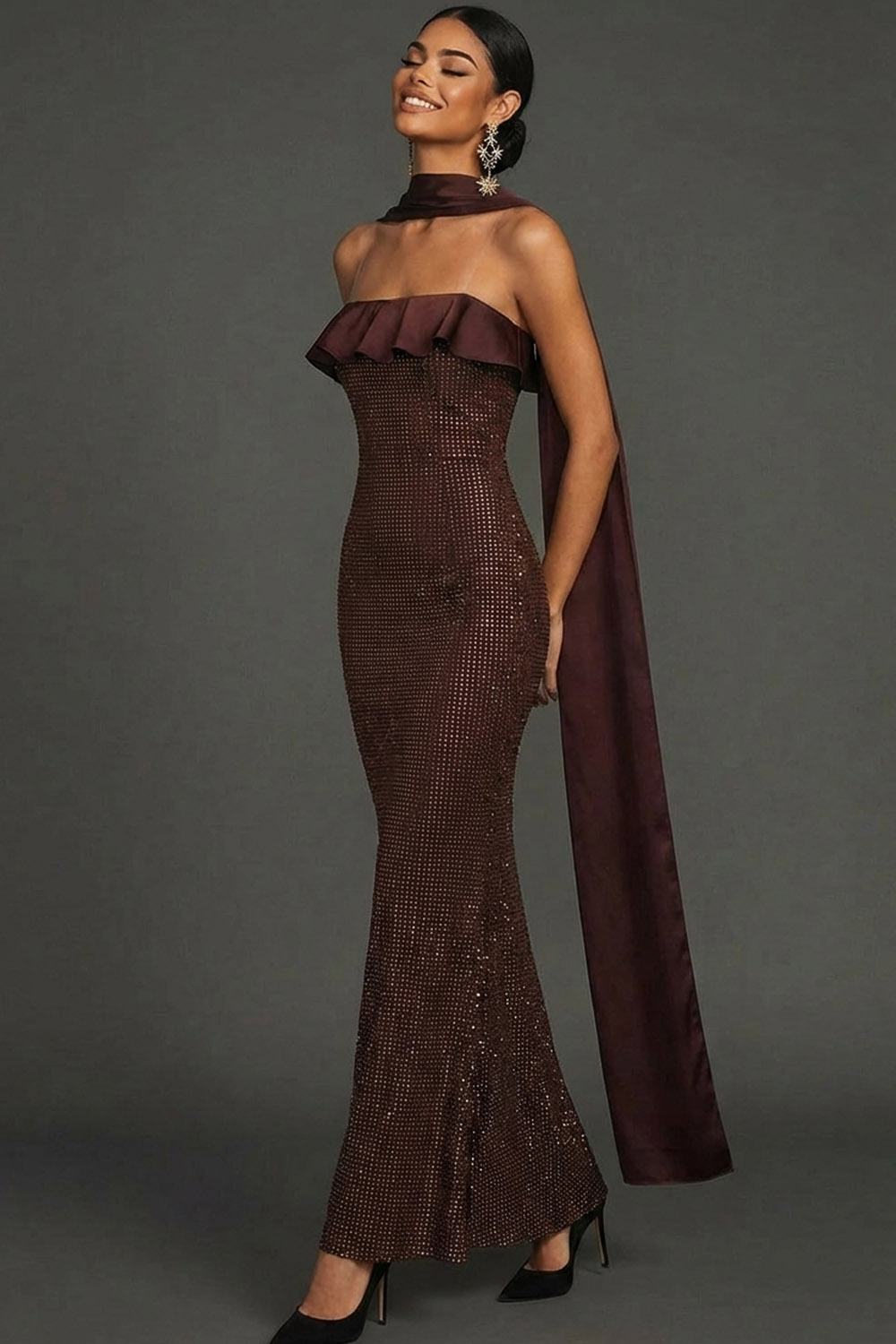 Chocolates Formal Evening Dress Strapless Ruffle Maxi Dress with Scarf