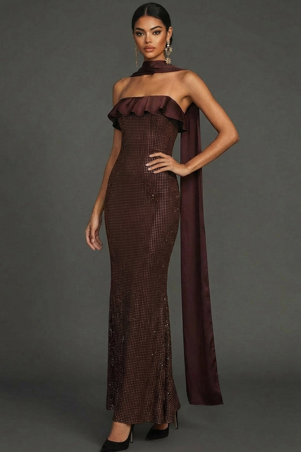 Chocolates Formal Evening Dress Strapless Ruffle Maxi Dress with Scarf
