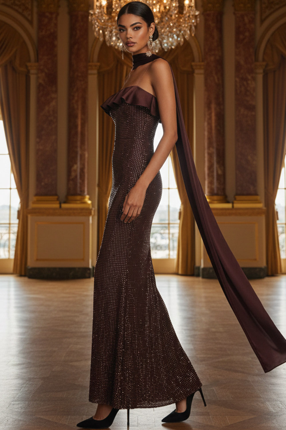 Chocolates Formal Evening Dress Strapless Ruffle Maxi Dress with Scarf