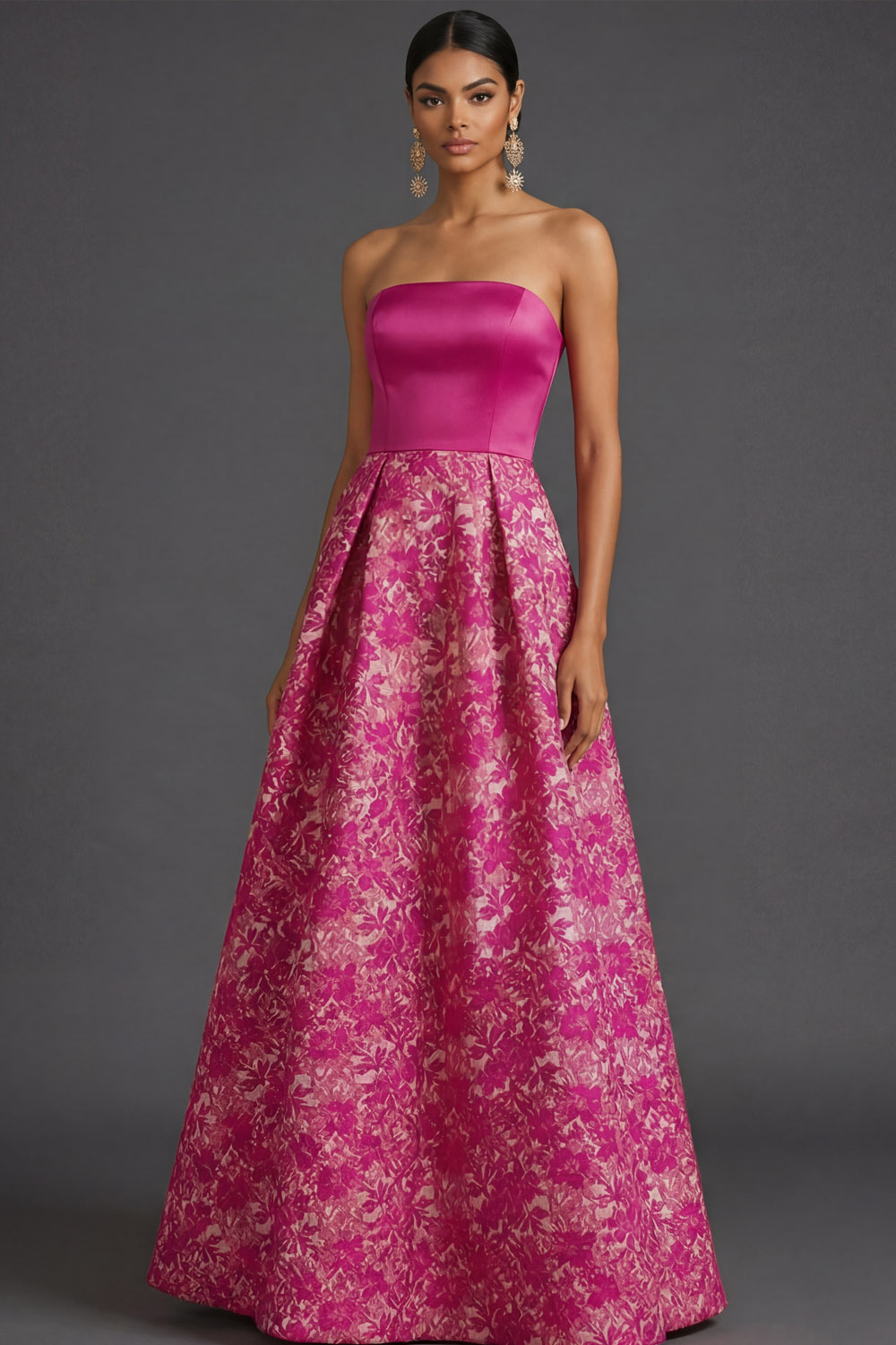  Fuchsia Flower Evening Prom Dress A-Line Strapless Maxi Dress