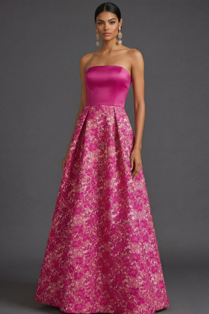  Fuchsia Flower Evening Prom Dress A-Line Strapless Maxi Dress