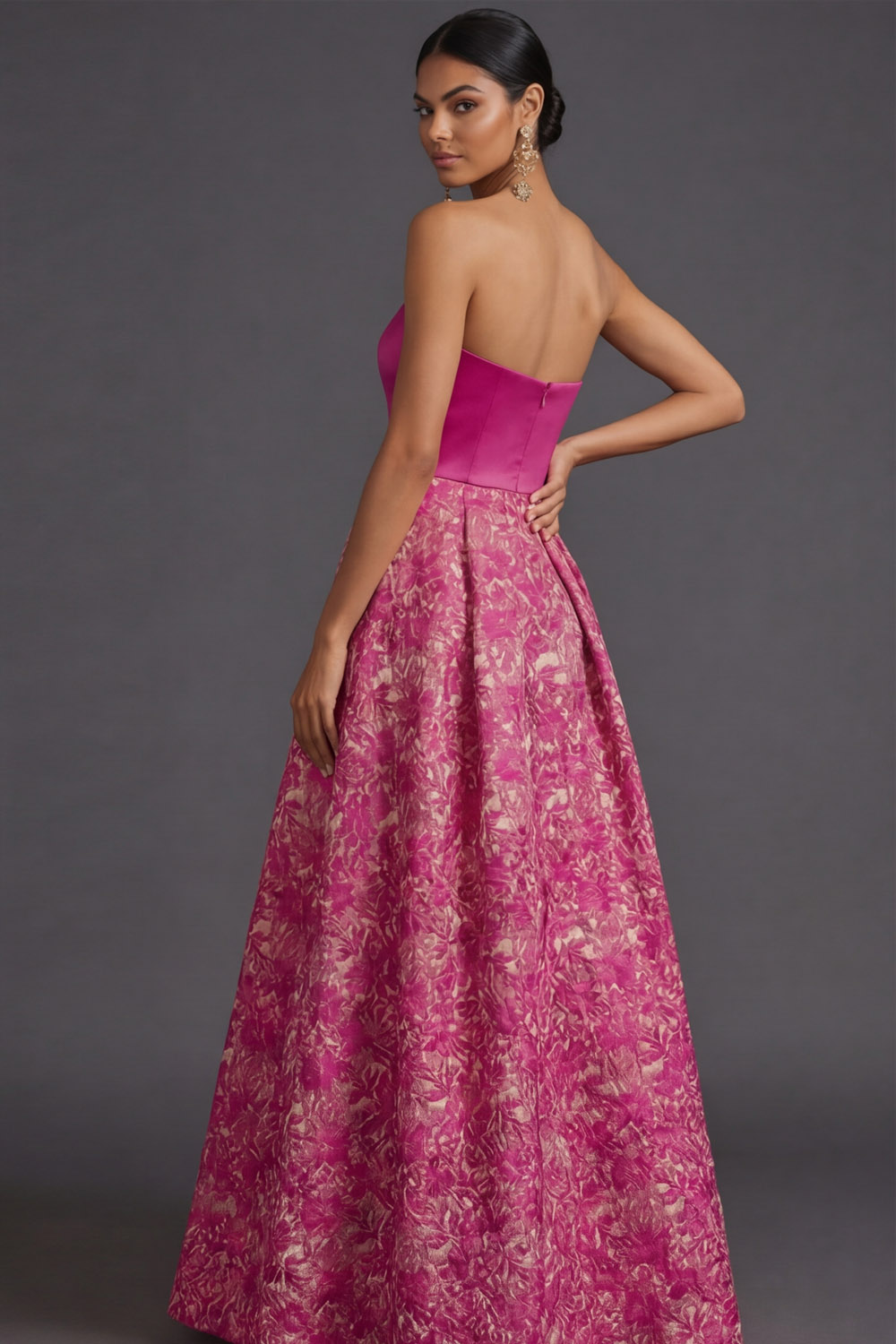  Fuchsia Flower Evening Prom Dress A-Line Strapless Maxi Dress