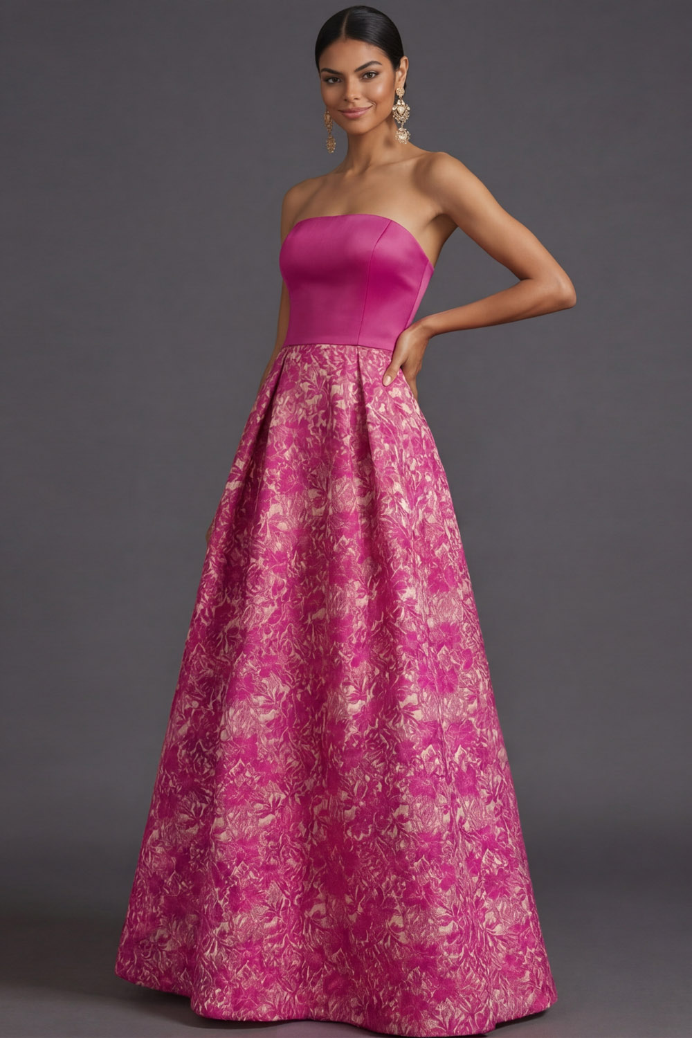  Fuchsia Flower Evening Prom Dress A-Line Strapless Maxi Dress