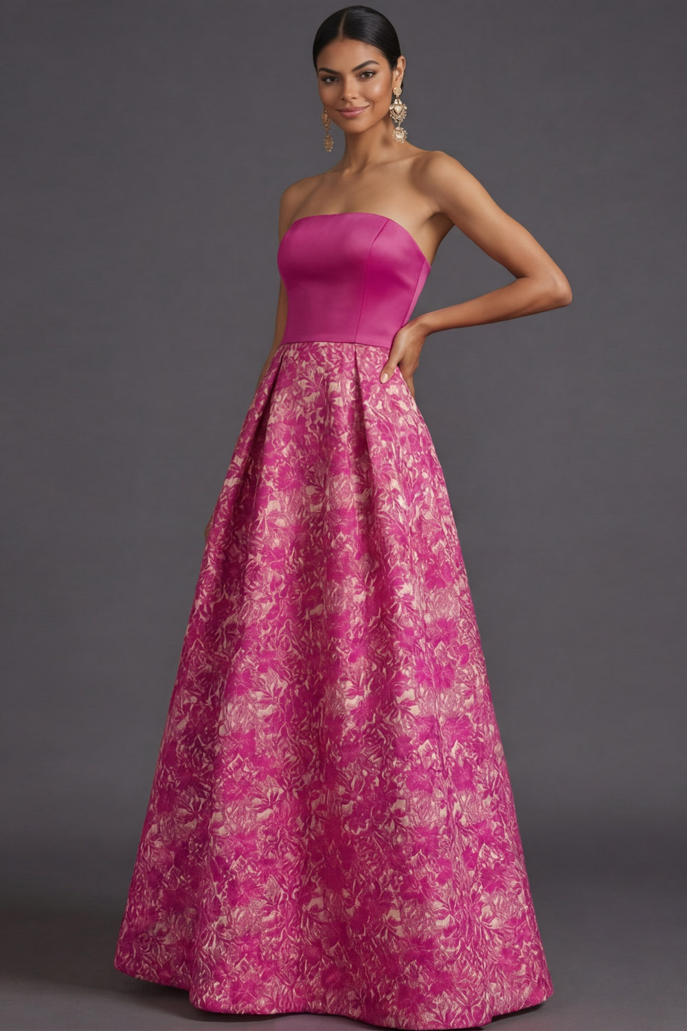  Fuchsia Flower Evening Prom Dress A-Line Strapless Maxi Dress