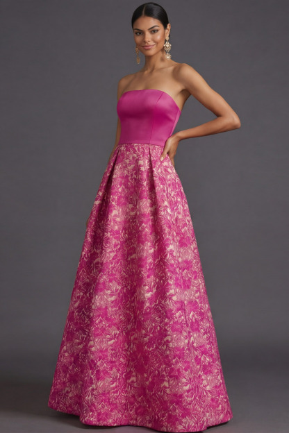  Fuchsia Flower Evening Prom Dress A-Line Strapless Maxi Dress