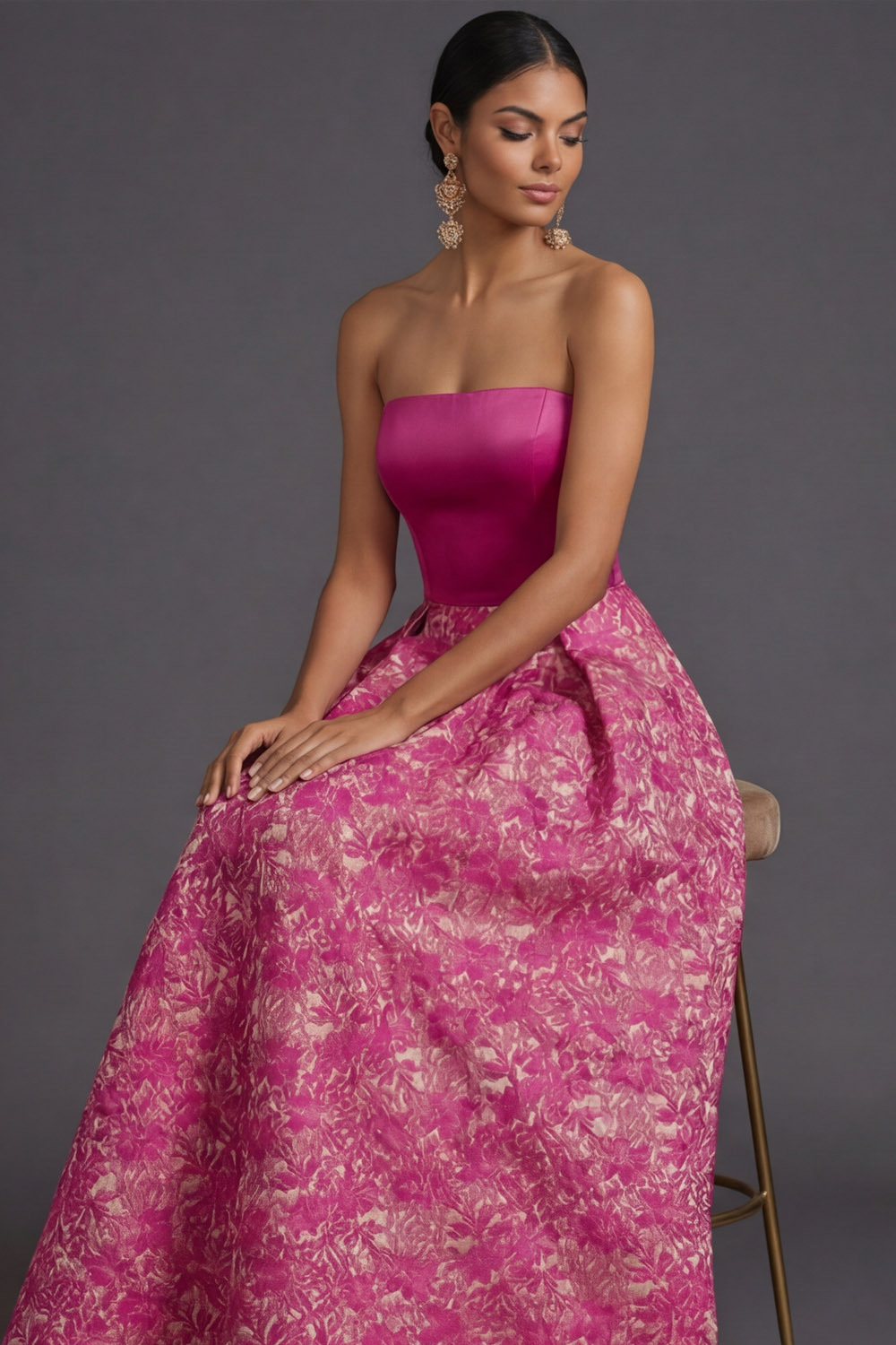  Fuchsia Flower Evening Prom Dress A-Line Strapless Maxi Dress