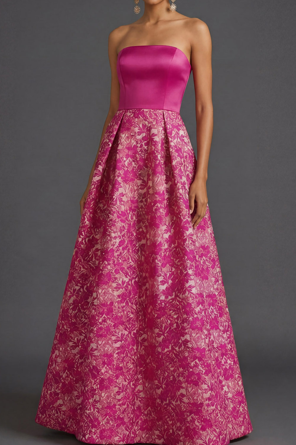  Fuchsia Flower Evening Prom Dress A-Line Strapless Maxi Dress