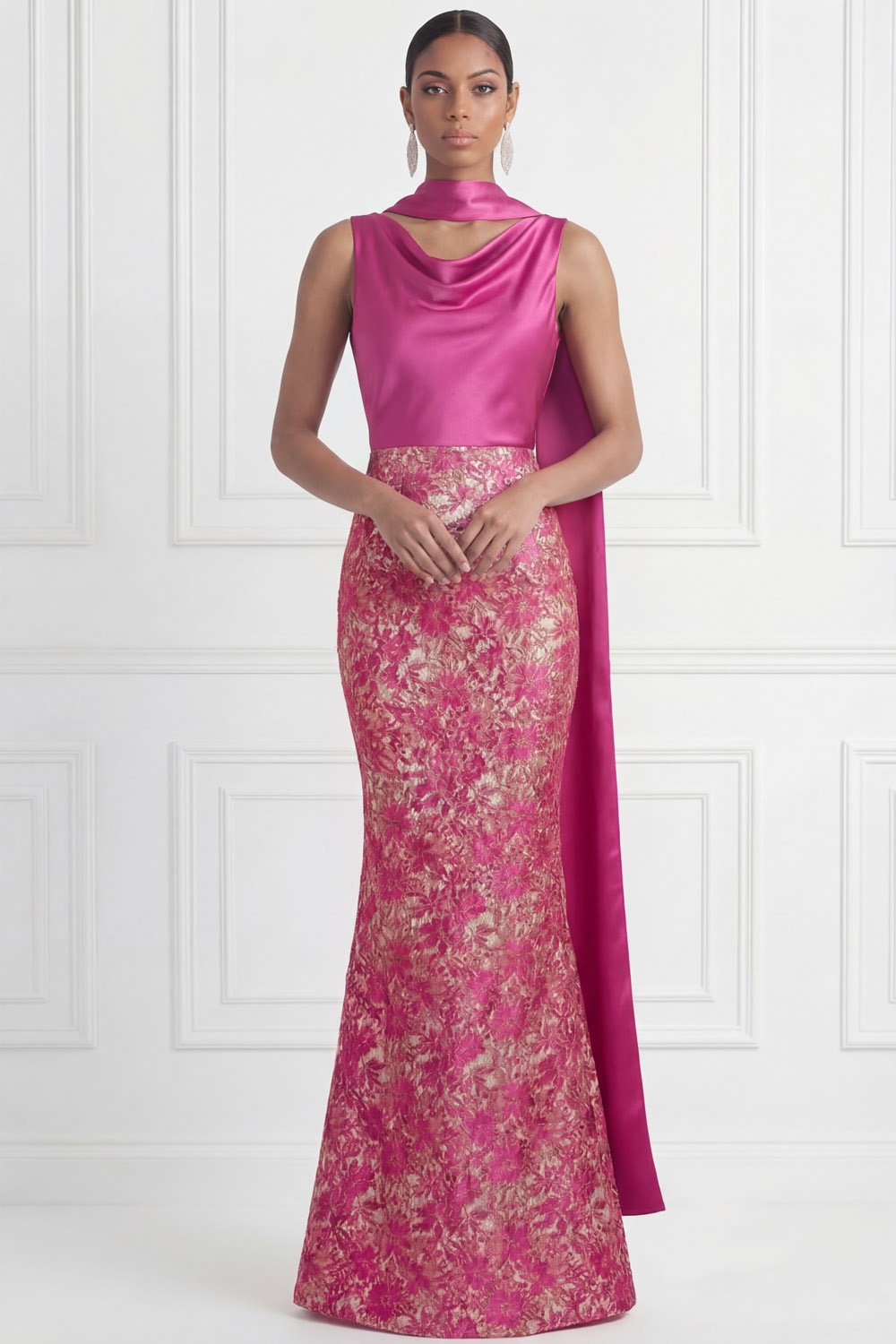 Fuchsia Wedding Guest Dress Cowl Neck Floral Maxi Dress with Scarf