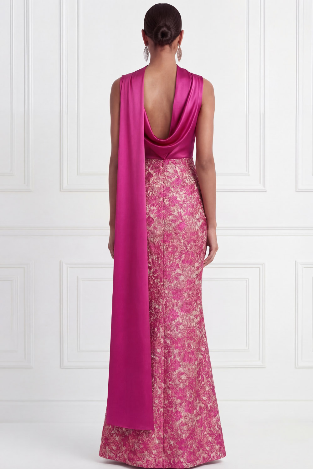 Fuchsia Wedding Guest Dress Cowl Neck Floral Maxi Dress with Scarf