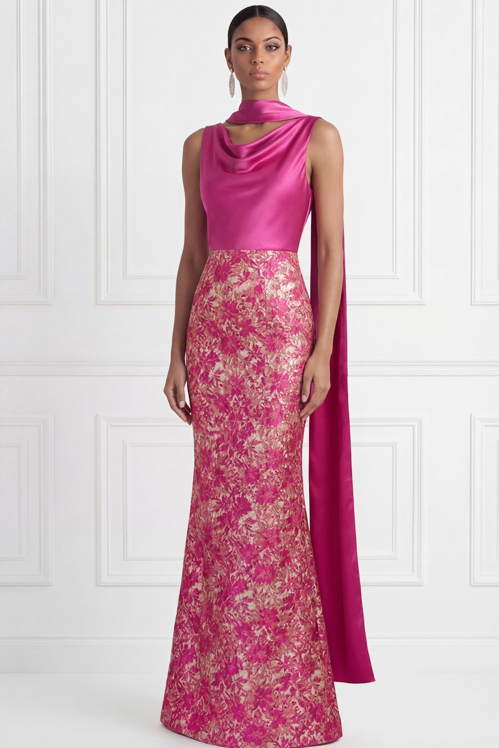 Fuchsia Wedding Guest Dress Cowl Neck Floral Maxi Dress with Scarf
