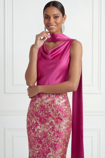Fuchsia Wedding Guest Dress Cowl Neck Floral Maxi Dress with Scarf