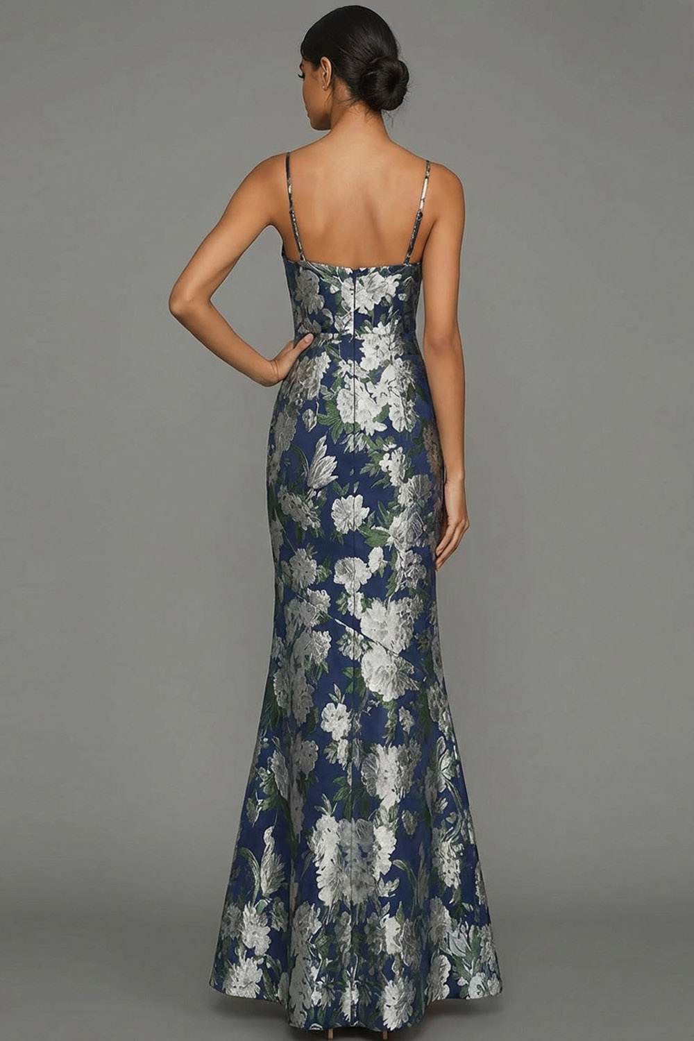 Navy Flower Wedding Guest Dress Mermaid Spaghetti Straps Maxi Dress