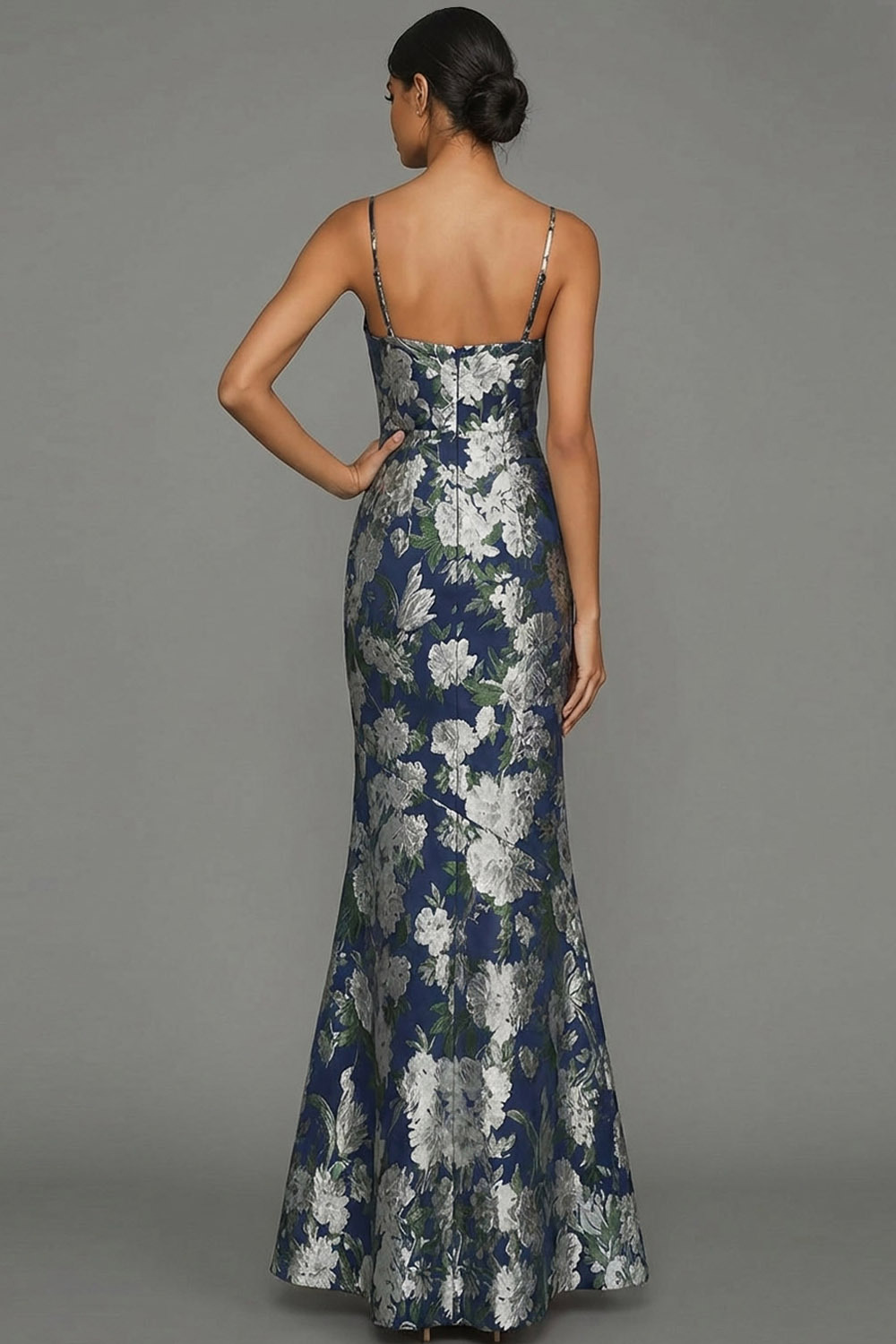 Navy Flower Wedding Guest Dress Mermaid Spaghetti Straps Maxi Dress