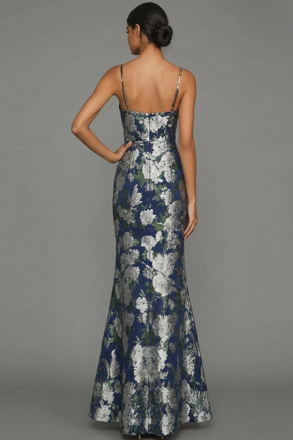 Navy Flower Wedding Guest Dress Mermaid Spaghetti Straps Maxi Dress