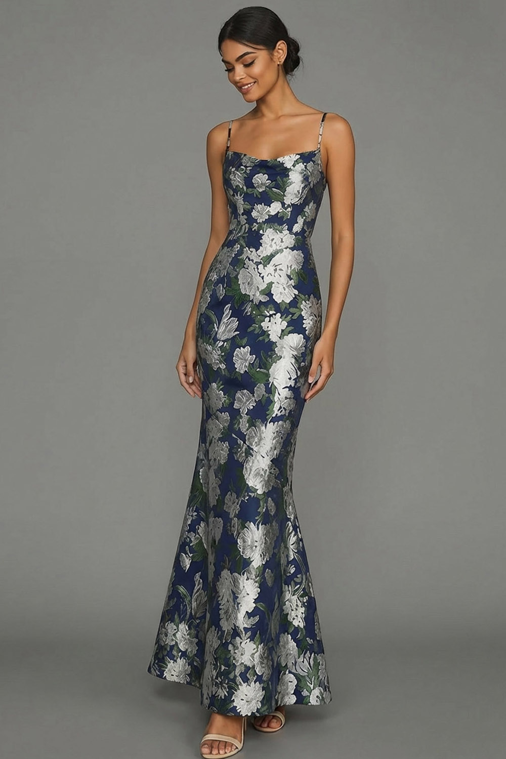 Navy Flower Wedding Guest Dress Mermaid Spaghetti Straps Maxi Dress