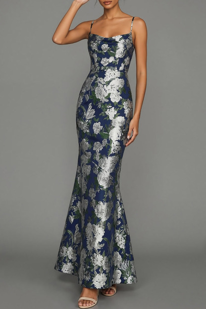 Navy Flower Wedding Guest Dress Mermaid Spaghetti Straps Maxi Dress