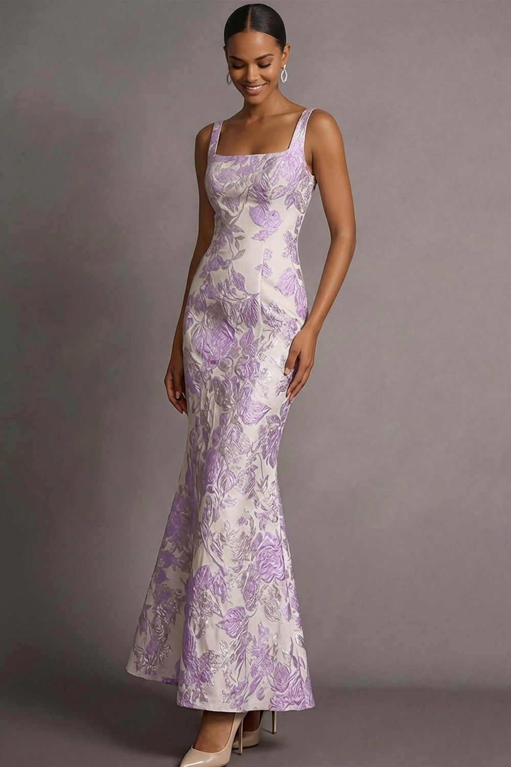 Lilac Wedding Guest Dress Mermaid Wide Straps Jacquard Maxi Dress 