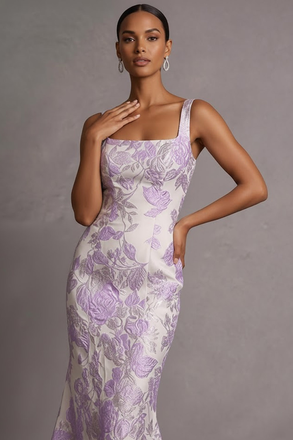 Lilac Wedding Guest Dress Mermaid Wide Straps Jacquard Maxi Dress 