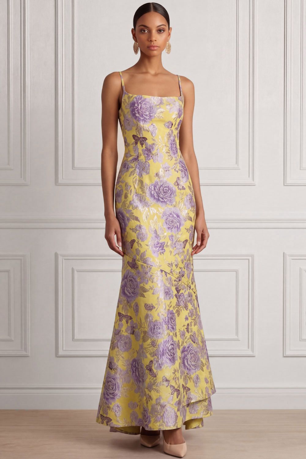 Yellow Wedding Guest Dress Mermaid Spaghetti Straps Floral Maxi Dress