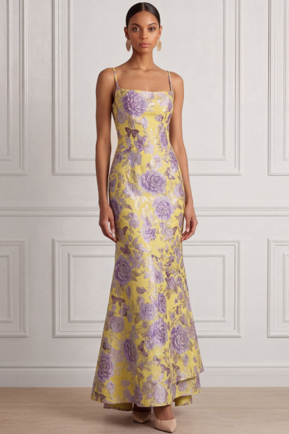 Yellow Wedding Guest Dress Mermaid Spaghetti Straps Floral Maxi Dress