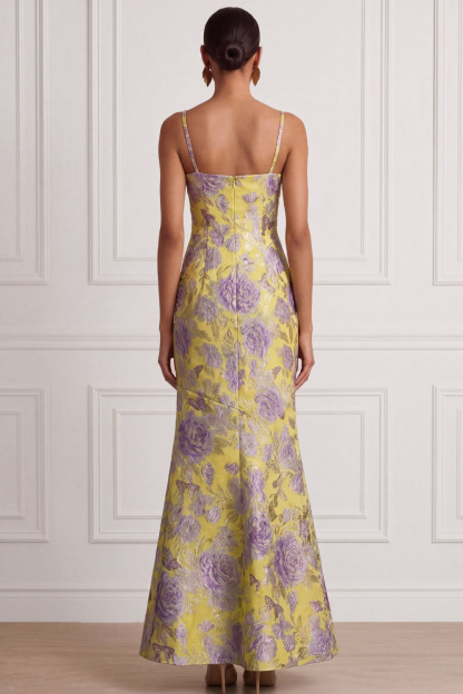 Yellow Wedding Guest Dress Mermaid Spaghetti Straps Floral Maxi Dress