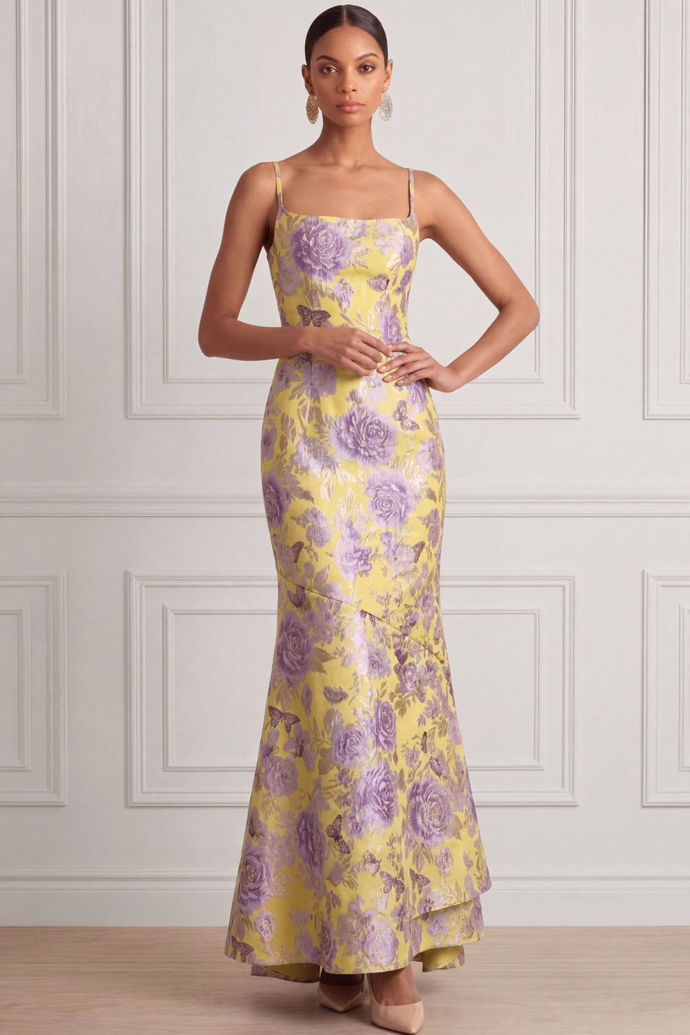 Yellow Wedding Guest Dress Mermaid Spaghetti Straps Floral Maxi Dress