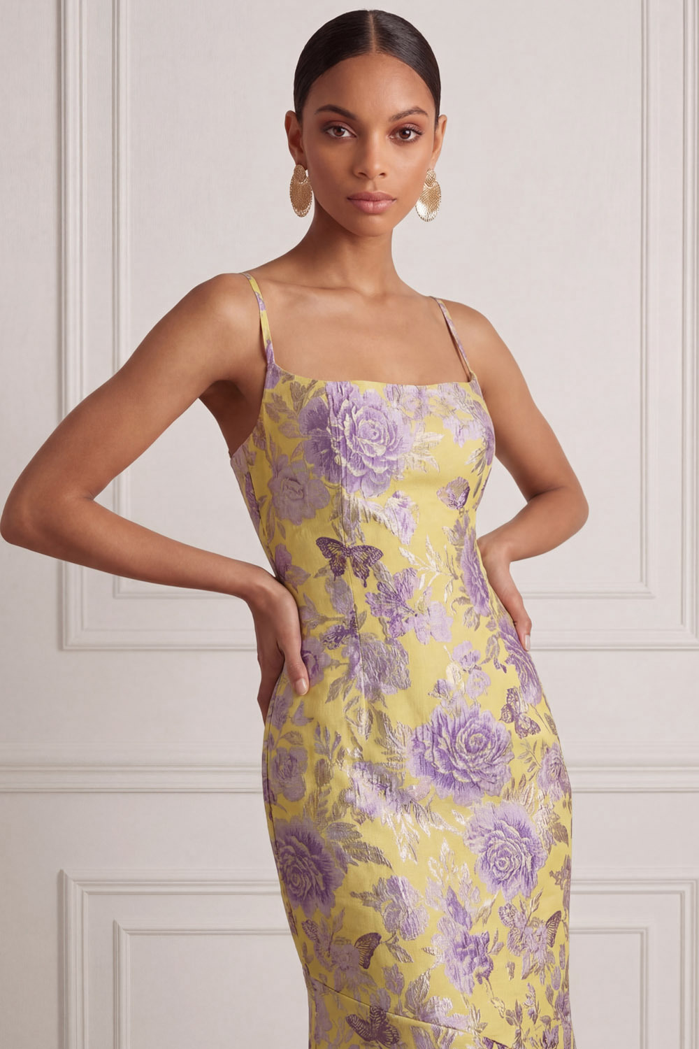 Yellow Wedding Guest Dress Mermaid Spaghetti Straps Floral Maxi Dress