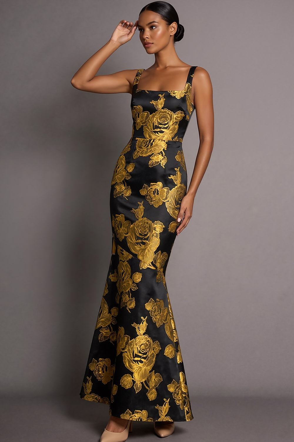 Golden Floral Formal Evening Dress Mermaid Straps Jacquard Maxi Dress 