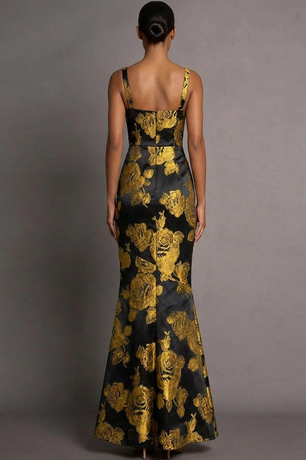 Golden Floral Formal Evening Dress Mermaid Straps Jacquard Maxi Dress 