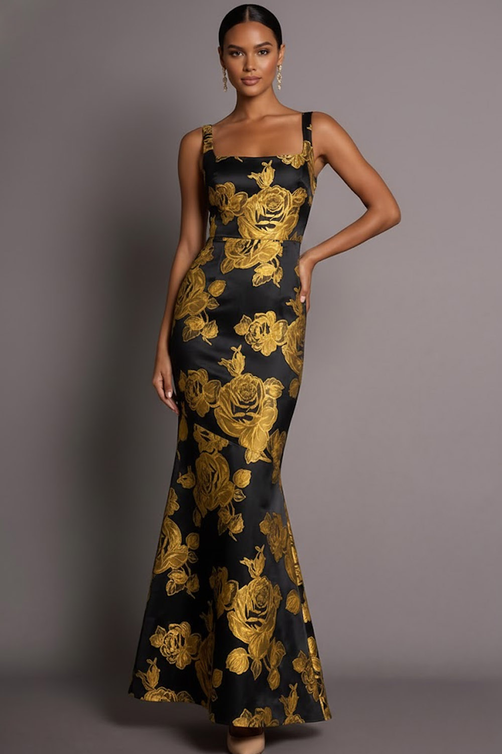 Golden Floral Formal Evening Dress Mermaid Straps Jacquard Maxi Dress 