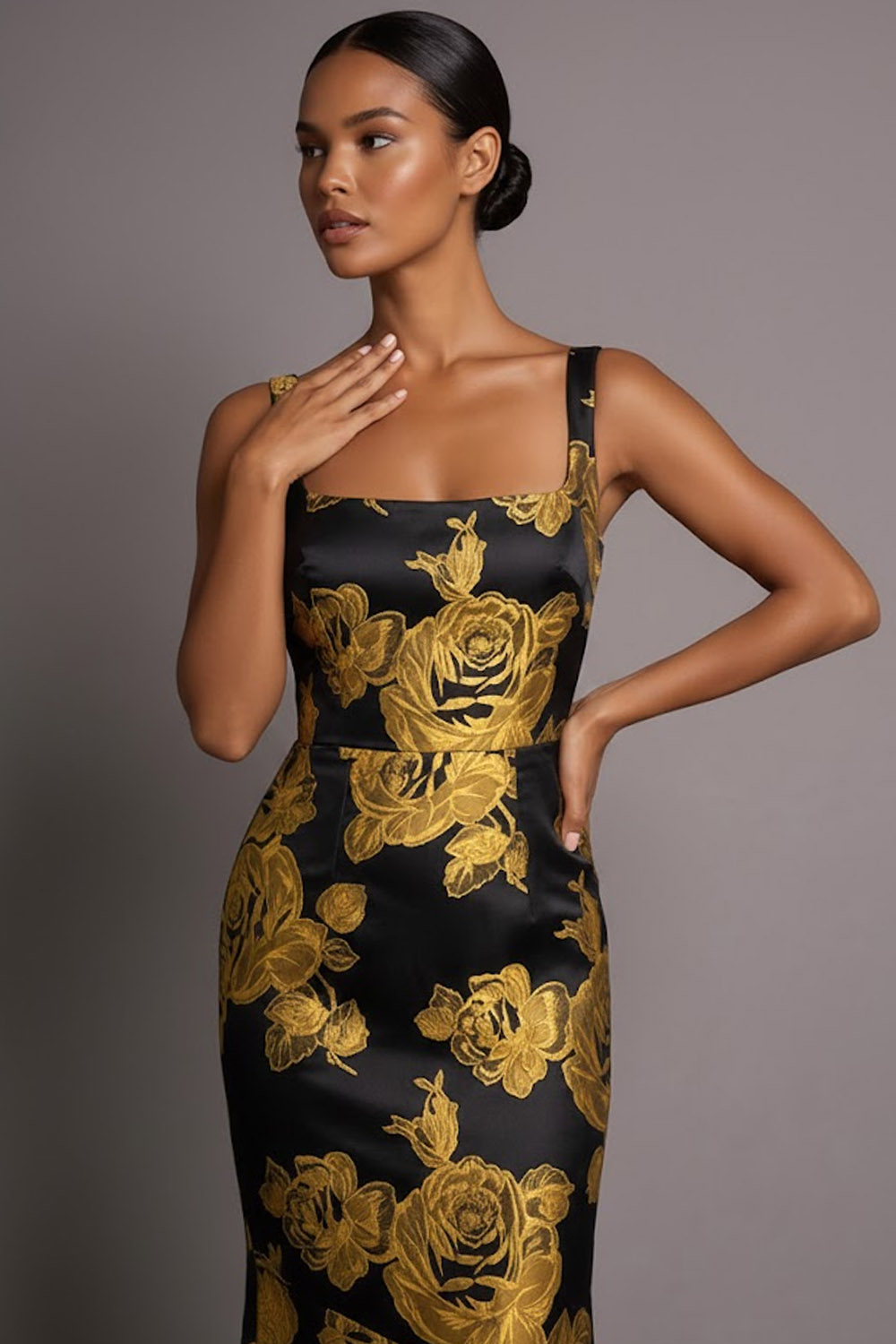 Golden Floral Formal Evening Dress Mermaid Straps Jacquard Maxi Dress 