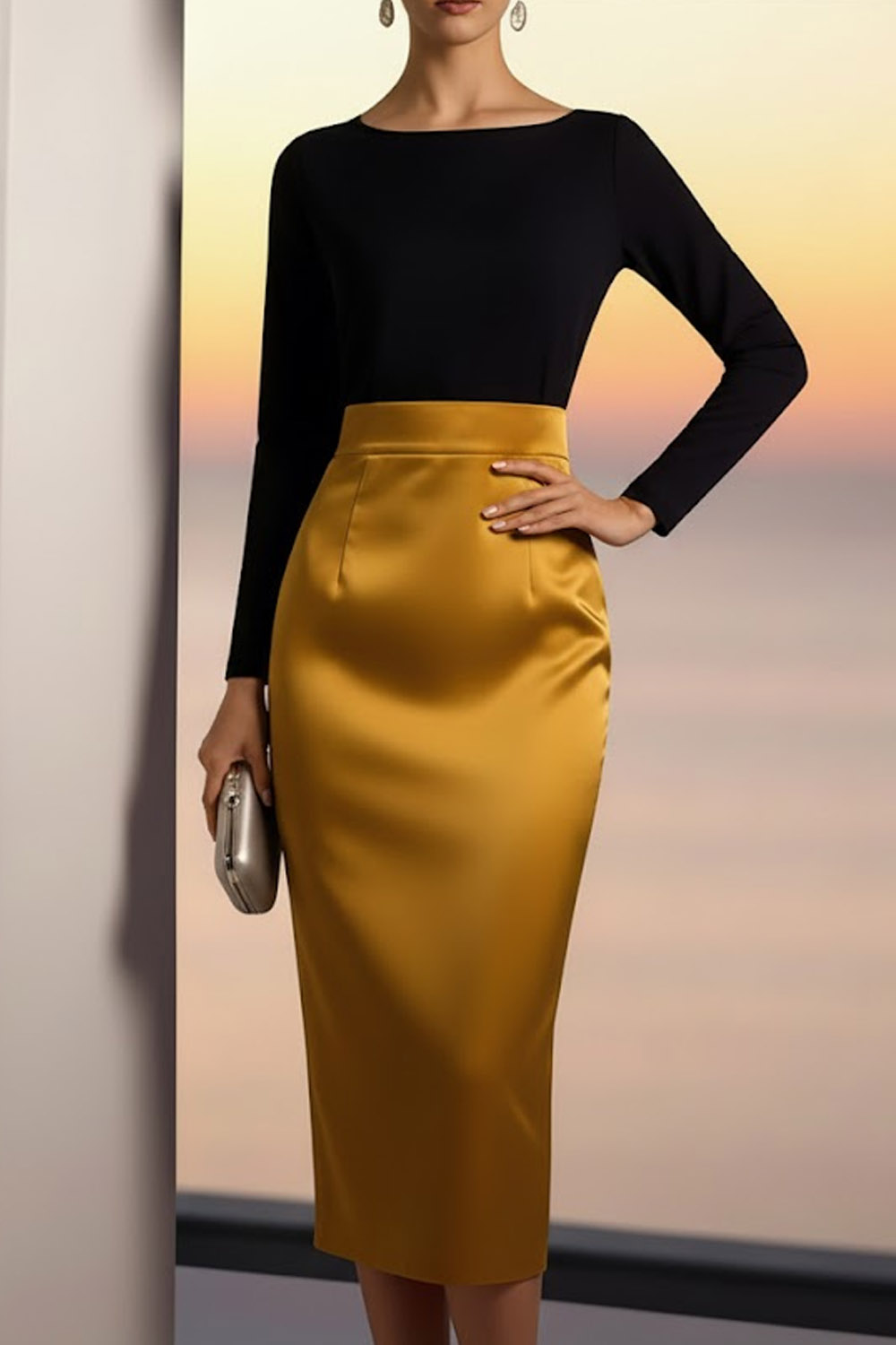 Golden Evening Formal Dress Bodycon Crew Neck Long Sleeve Midi Dress