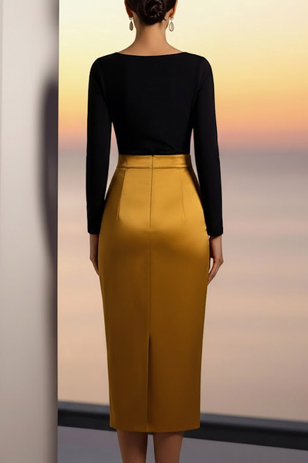 Golden Evening Formal Dress Bodycon Crew Neck Long Sleeve Midi Dress