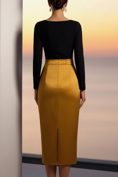Golden Evening Formal Dress Bodycon Crew Neck Long Sleeve Midi Dress