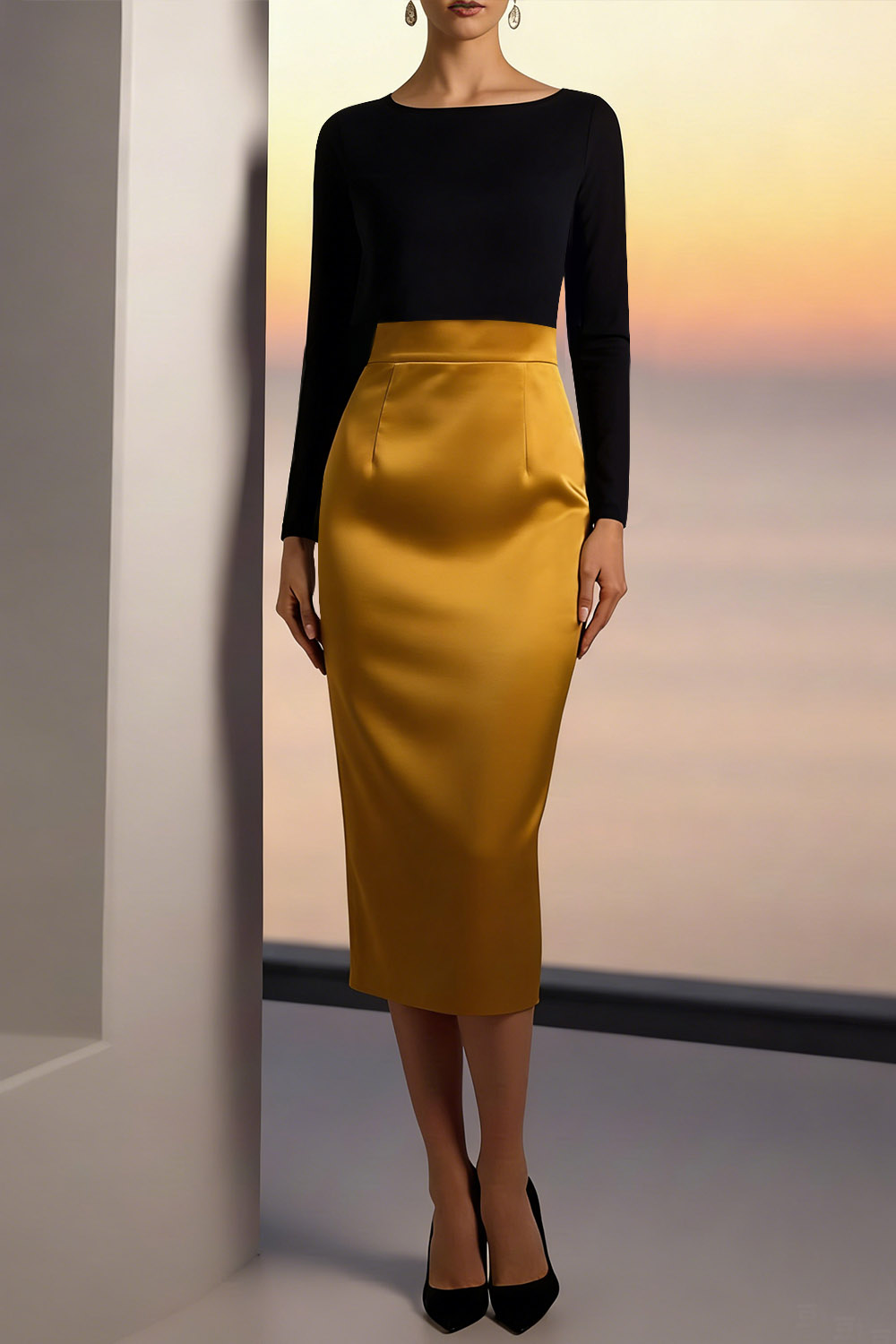 Golden Evening Formal Dress Bodycon Crew Neck Long Sleeve Midi Dress
