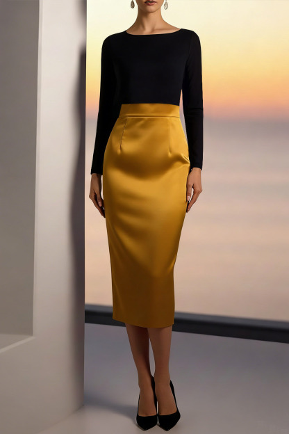 Golden Evening Formal Dress Bodycon Crew Neck Long Sleeve Midi Dress
