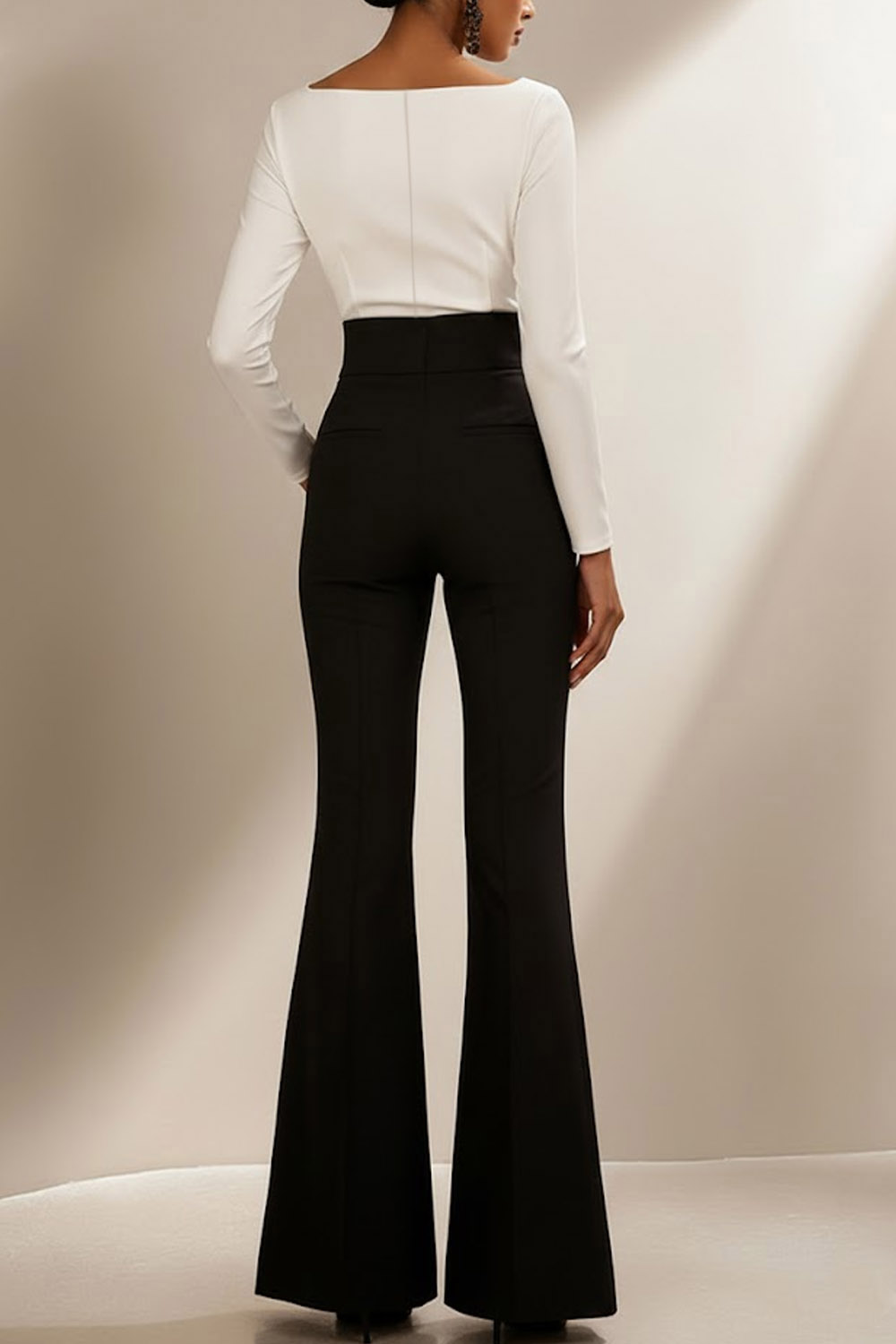 White Formal Jumpsuit Square Neck Long Sleeve Flared-Leg Jumpsuit 