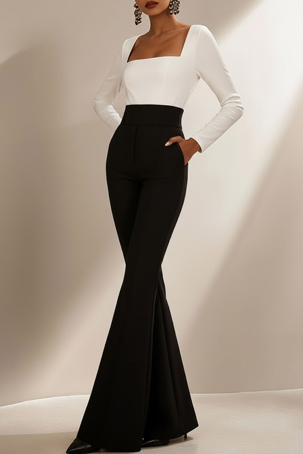 White Formal Jumpsuit Square Neck Long Sleeve Flared-Leg Jumpsuit 