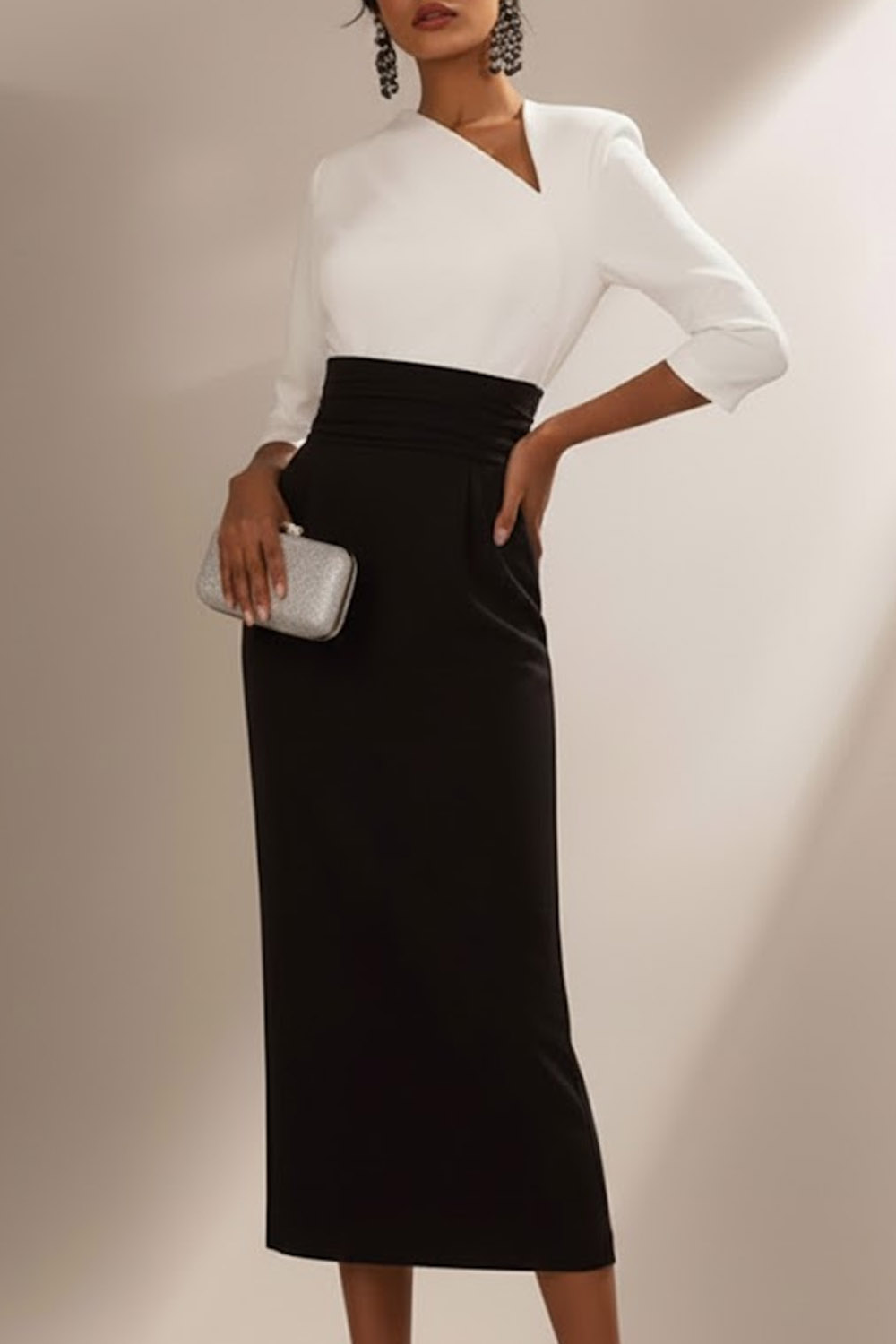 Evening Formal Dress Black White Asymmetrical Neck Long Sleeve Midi Dress