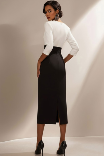 Evening Formal Dress Black White Asymmetrical Neck Long Sleeve Midi Dress