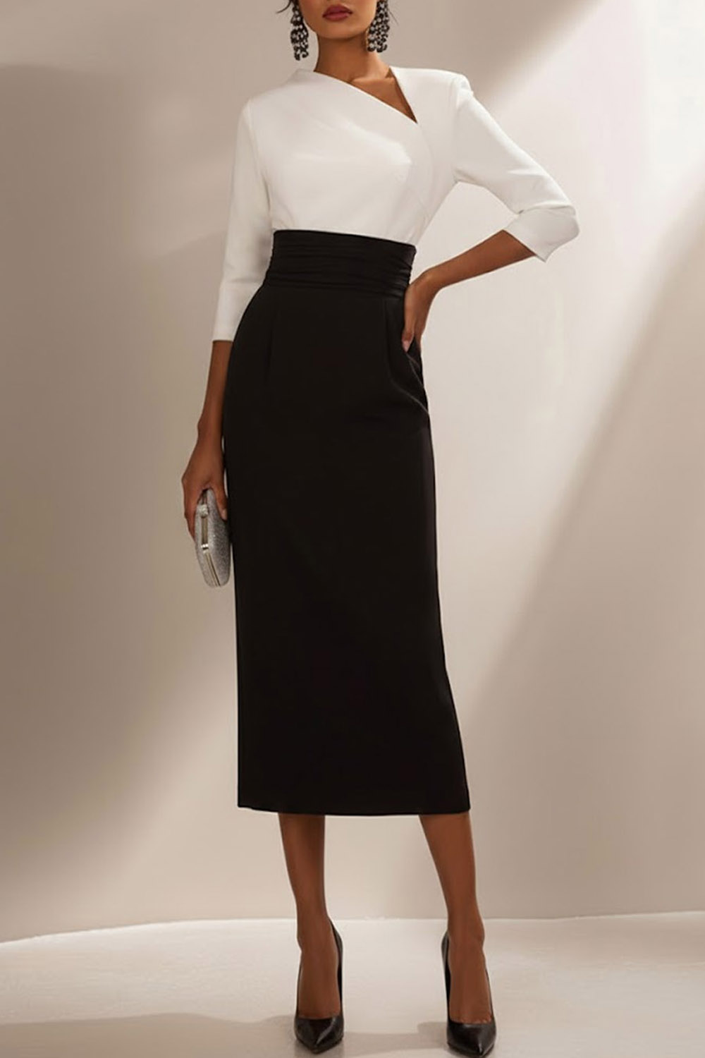 Evening Formal Dress Black White Asymmetrical Neck Long Sleeve Midi Dress