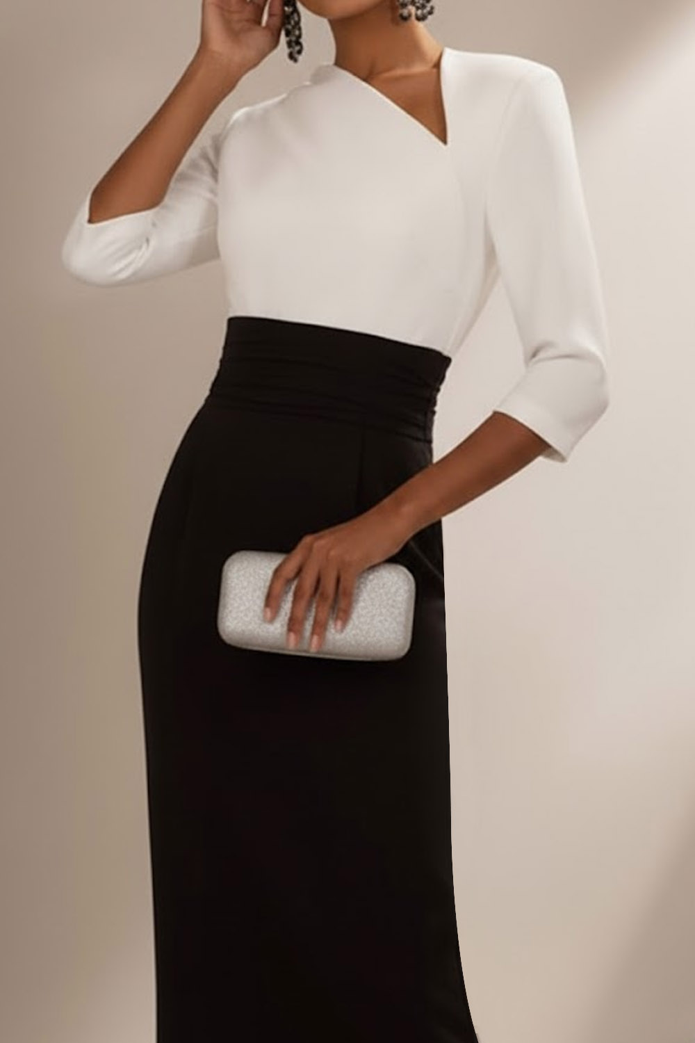 Evening Formal Dress Black White Asymmetrical Neck Long Sleeve Midi Dress