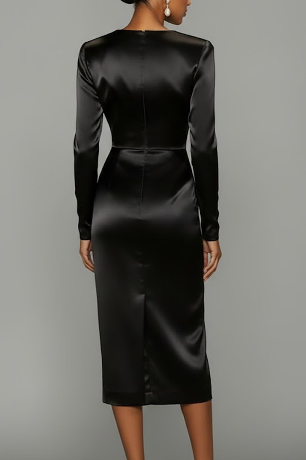 Black Formal Evening Dress Sheath Asymmetrical Neck Satin Midi Dress