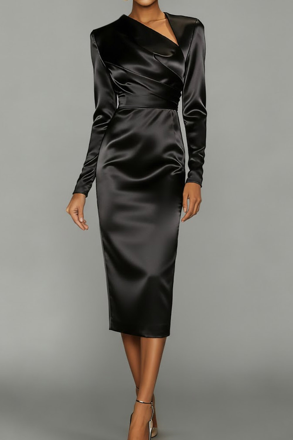 Black Formal Evening Dress Sheath Asymmetrical Neck Satin Midi Dress