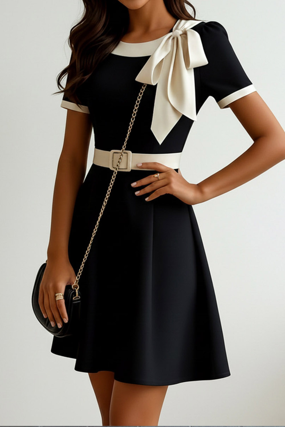 Black Work Dress A-Line Crew Neck Short Sleeve Mini Dress