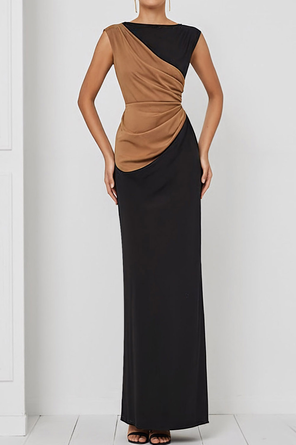 Black Evening Formal Dress Sheath Crew Neck Ruched Maxi Dress 
